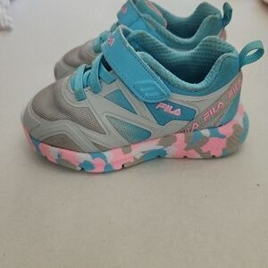 FILA Kids Sneakers Size 8 Grey Blue Pink Velcro Strap Athletic Sporty Active
